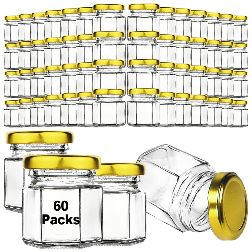 Syntic 60 Pcs Small Glass Containers with Airtight Lids, 1.5 oz Mini Honey Jars for Wedding Favor, Baby Shower, Small Hexagon Candle Jars for Making Candles, Body Butter, Jam, Spices, Herbs, DIY Gift