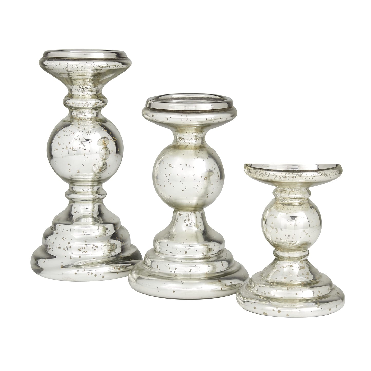 Deco 79 Glass Decorative Candle Holder Turned Style Pillar Candle Stand, Set of 3 Candlestick Holder 10", 8", 6"H, Silver
