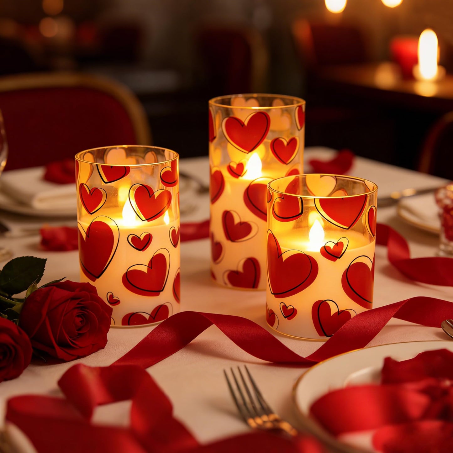 AFINETH Valentines Day Flameless Candles with Remote, Red Heart Glass Battery Operated Candles, Real Wax Flickering LED Pillar Candles for Proposal Wedding Anniversary Romantic Night, 3 Pack
