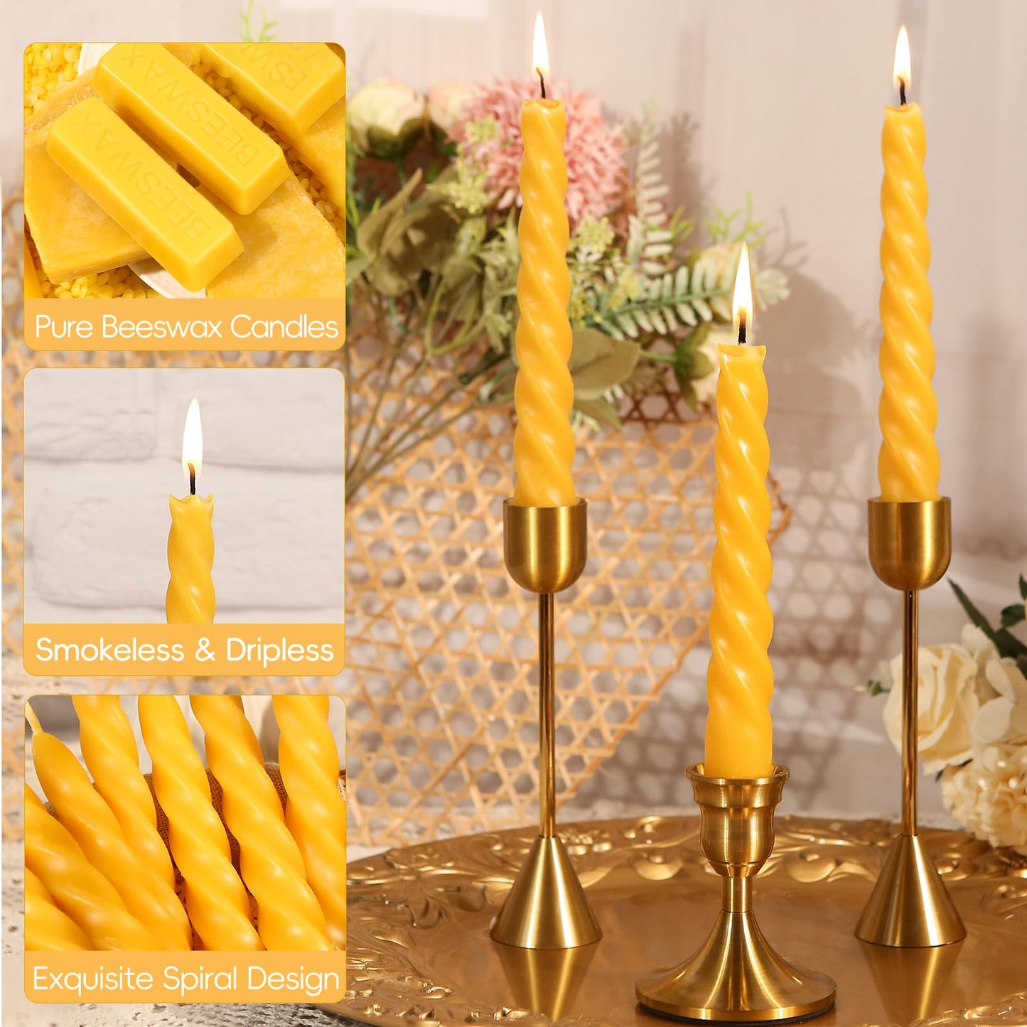 16 Pack Beeswax Taper Candles 7 inch Spiral Beeswax Candles 7 Hours Burning Natural Pure Bees Wax Candlesticks Unscented Smokeless Yellow Bees Wax Candles for Home Prayer