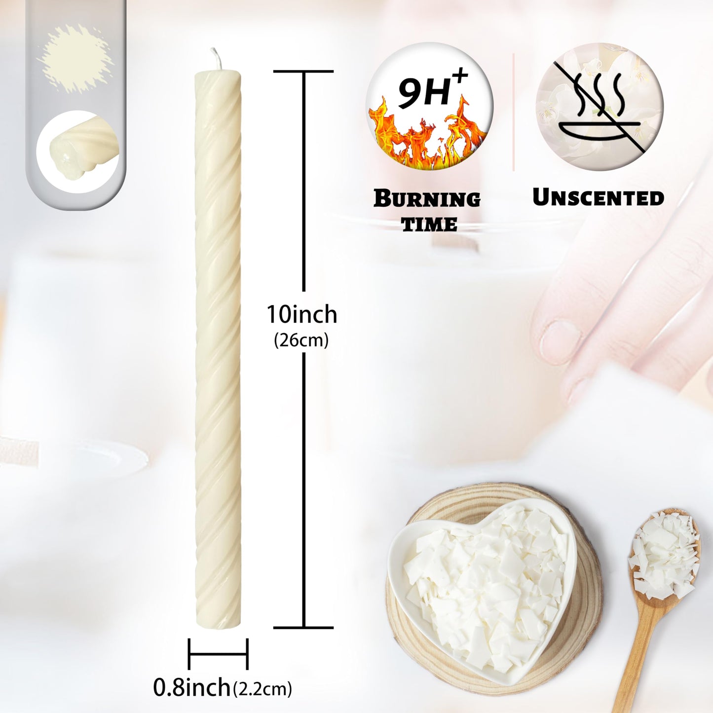 Unscented Taper Candles Dripless Ivory Yellow Spiral Candles Smokeless Long Dinner Candles 10 Inch Housewarming Candlesticks for Home Decoration