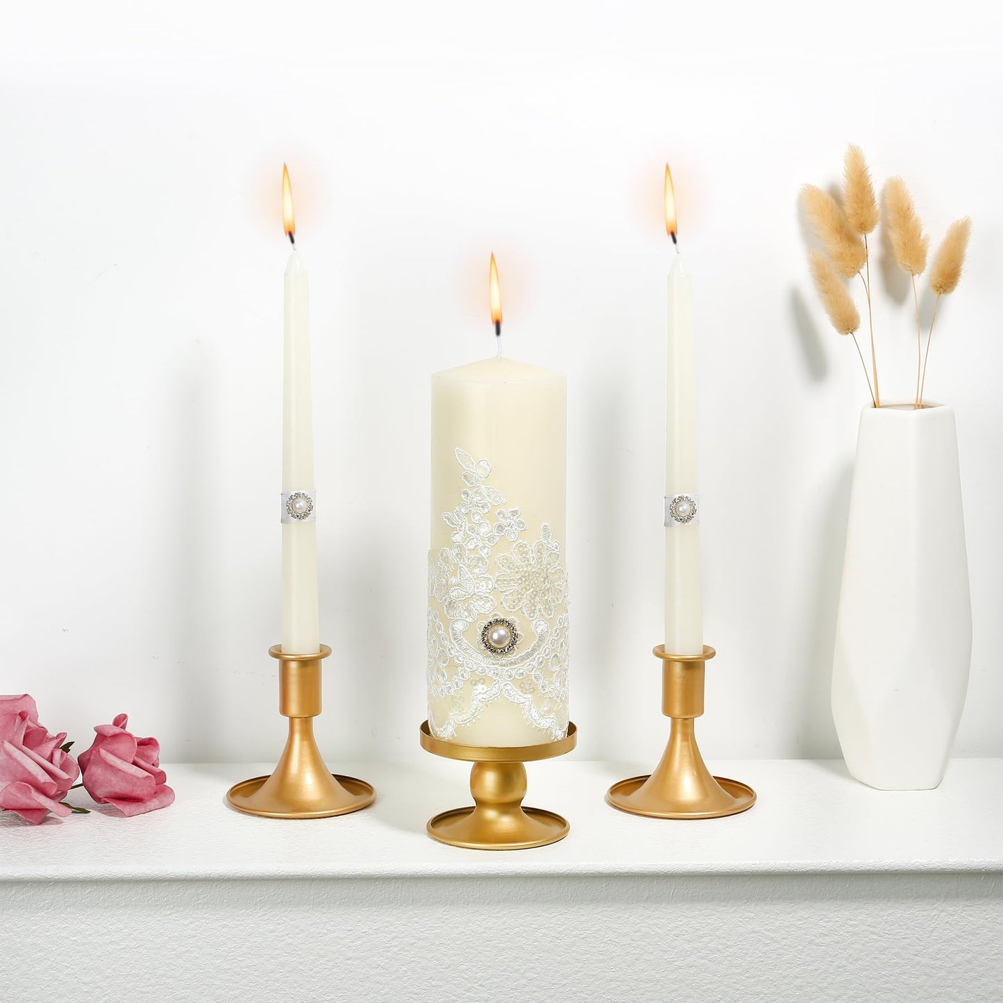 Unity Candle Holder - Gold Unity Candle Holders for Weddings, Metal Gold Unity Candlestick Holder Set of 3, Decorative Unity Candle Stand for Wedding Ceremony Table Centerpiece Decoration Gift
