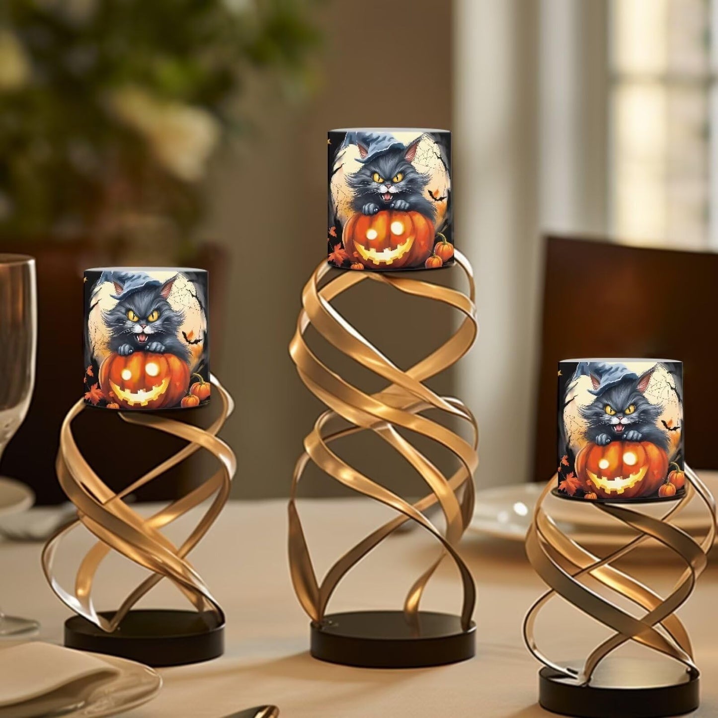 Merkmak Set of 4 Flameless Candles, Halloween Pumpkin Cat Battery Operated LED Candles with Timer Remote Control Tea Lights for Trick or Treat Party Home Decorations