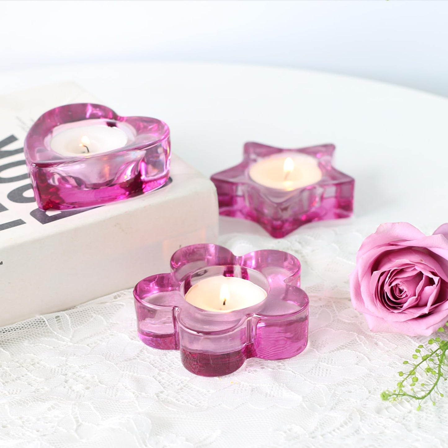 Pink Votive Candle Holders Set of 12 for Table Centerpiece(3 Sizes,Heart/Flower/Star) Tealight Candle Holders Bulk for Birthday Party,Wedding Dinning,Home Decor, Valentines Christmas Decoration(Pink)