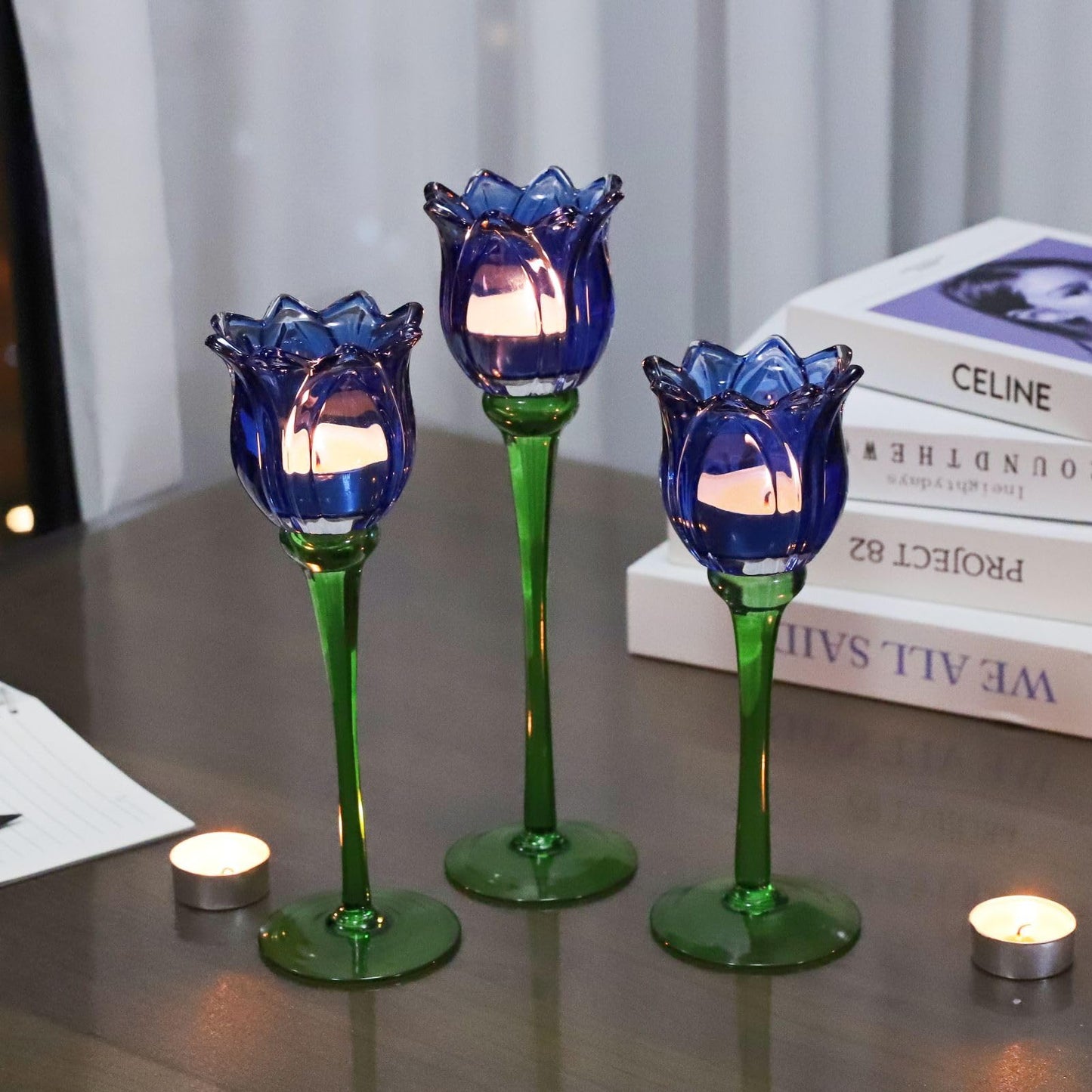 VOHO Blue Flower Tealight Candle Holder Set of 3 with Different Heights, Lovely Tulips Tea Light Candle Holder Glass Table Centerpieces for Dining Room Bookcase, Blue Votive Candle Holders Home Decor