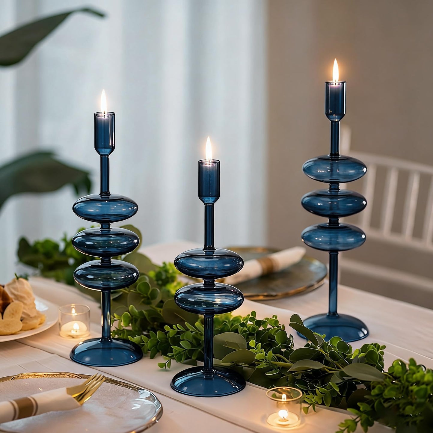LemonRoad Glass Taper Candle Holders Set of 3, Bubble Candlestick Holders for Table Centerpiece, Elegant Wavy Stacked Geometric Candleholders for Wedding, Dinner, Party, Home Decor(Deep Blue)