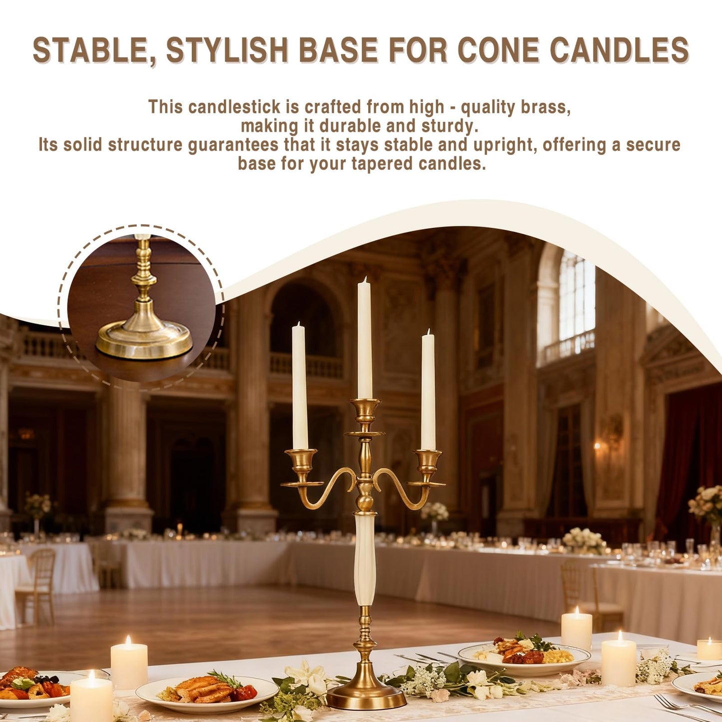 3 Arms Brass Plated Metal Candelabra Candle Stand Candlestick Holder for Wedding Dining Table Christmas Party and Indoor Home Decoration