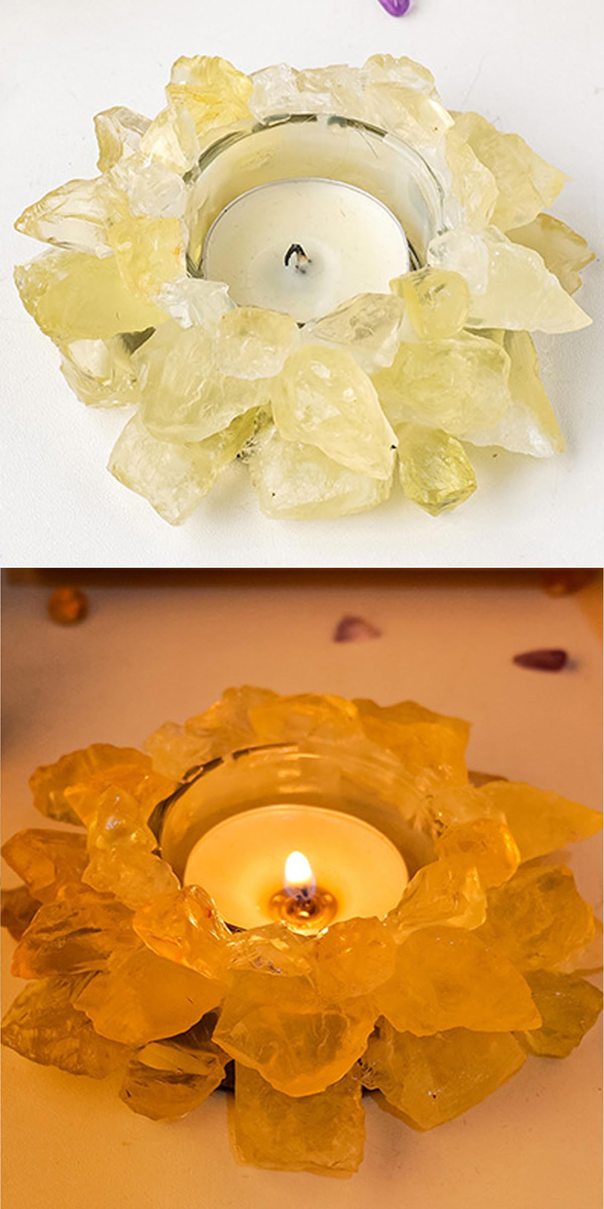 Natural Citrine Crystals, Raw Crystal Tealight Candle Holder Crystal Stone Candle Stand High Energy Geode Votive with Healing Effects (Not Included Candle)