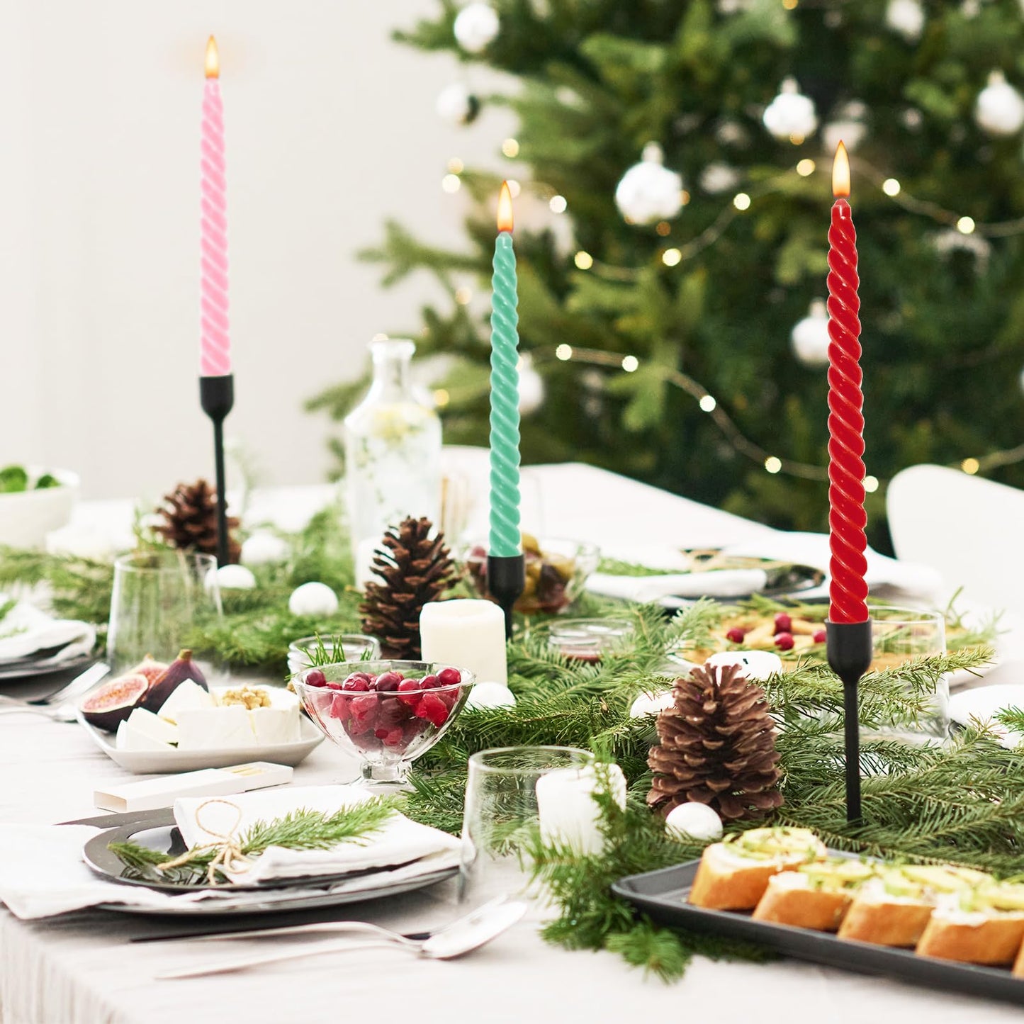 Whaline 8Pcs Christmas Spiral Taper Candles Red Green Pink Xmas Dripless Twisted Wax Candles 10 Inch Long Unscented Candle Sticks for Birthday Wedding Holiday Dinner Party Holiday Home Table Decor