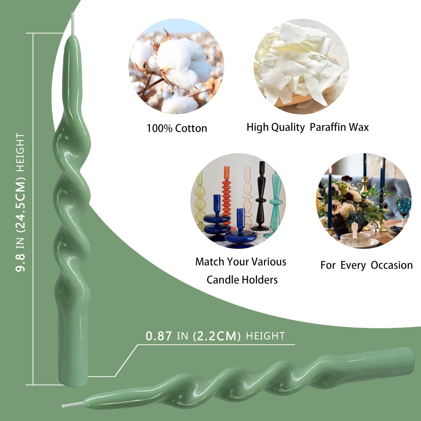 10 Inch Spiral Taper Candles Candlesticks Handmade Set of 4 Unscented Long Candlesticks Tapered Candles Twisted Candle for Wedding Yoga Home Decoration(Green)
