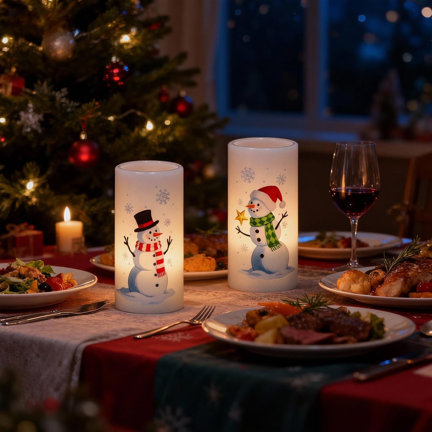 Eldnacele Christmas Snowman Flameless Candles Battery Operated with Remote and Timer Real Wax Flickering LED Pillar Candles Xmas Holiday Indoor Decor(2 Pack, 3" D x 6" H)