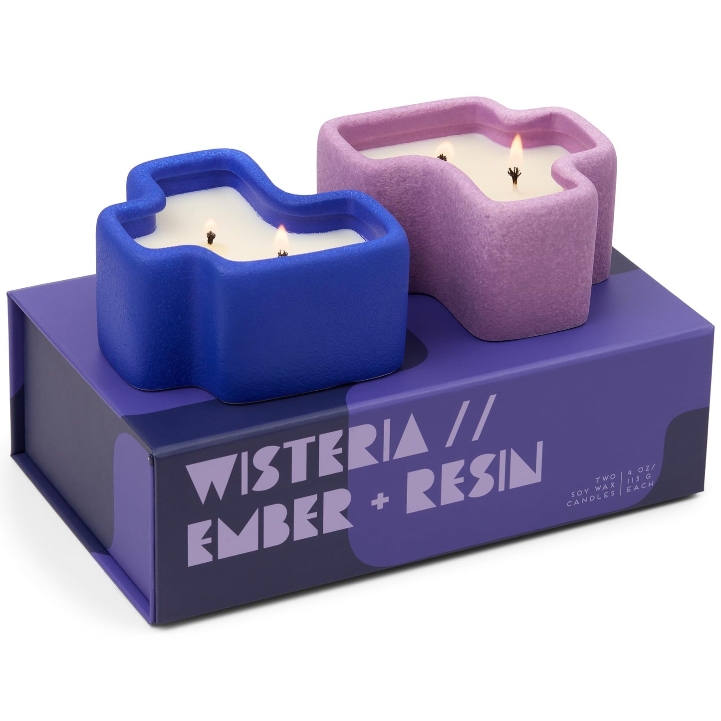 Paddywax Jigsaw Ceramic Candle Set of 2, Soy Wax Candle, Cobalt & Lavender, Wisteria & Ember Resin, 8 oz