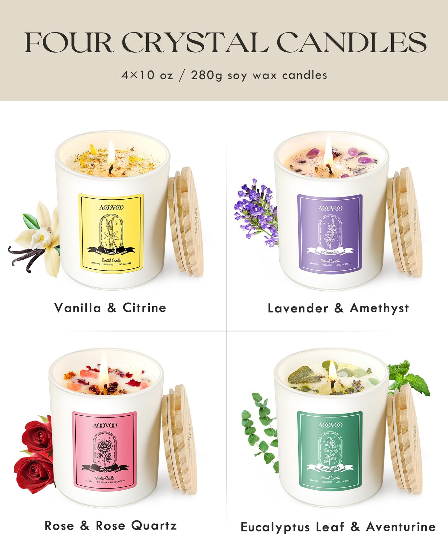 AOOVOO Rose/Vanilla/Eucalyptus/Lavender Scented Candles for Women - Aromatherapy Candle with Crystals Inside, 40oz Soy Candles for Home Scented, Birthday Gifts Mothers Day Candle for Women Mom