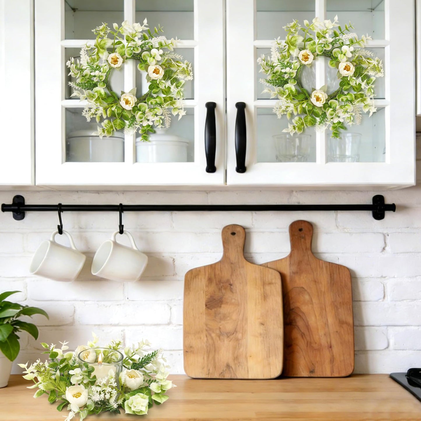 KHOYIME Floral Candle Rings Wreath 4PCS Small Spring Summer White Artificial Flowers Greenery Wreaths for Pillars, Mini Candle Holder Kitchen Cabinets Table Centerpieces Wedding Party Farmhouse Decor