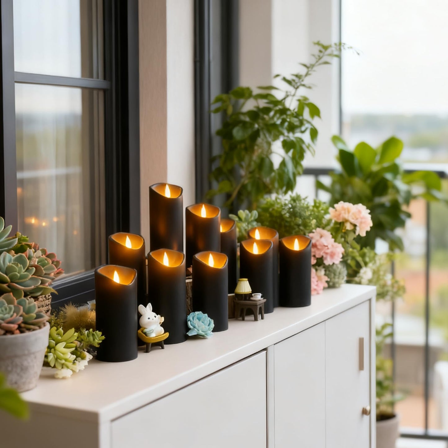 Nimiko Flameless Candles with Remote, Battery Operated Flickering Flameless Candles, LED Candles with Timer 2/4/6/8H, with Realistic LED Candles Set of 24 (D2.2 x H 5" 6" 7") (Black)