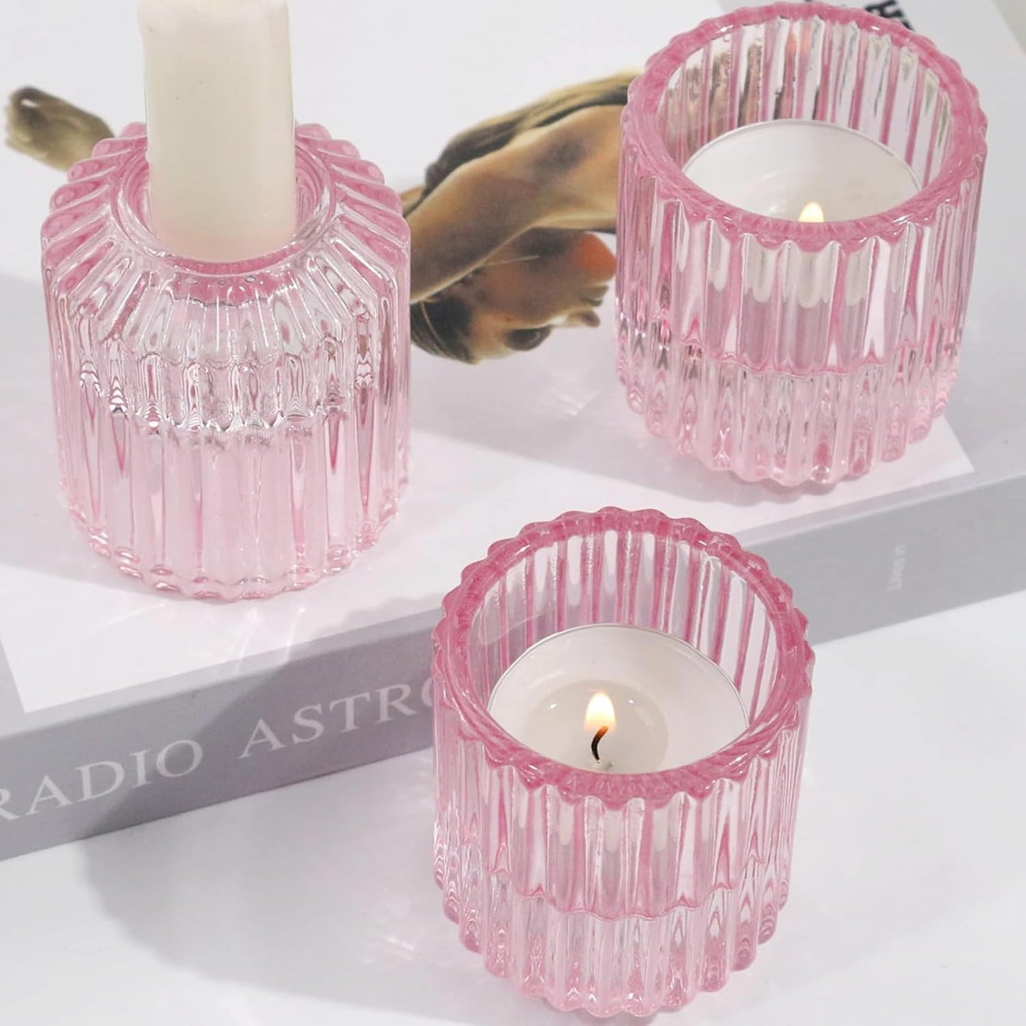 CHOCSTAY Reversible Pink Glass Candle Holder Set of 6, Thick Heat-Resistant Glass Candlestick Holders for Taper, Tealight, Votive, LED Candles, Perfect for Wedding, Party, Home Décor