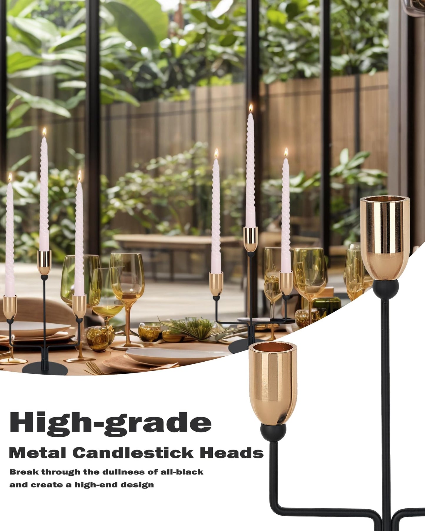 LHQOO Metal Triple Taper Candle Holder, Modern Gold & Black Candle Holder with Stable Base, Decorative Candle Stand for Home Decor, Wedding, Dining, Party, Anniversary