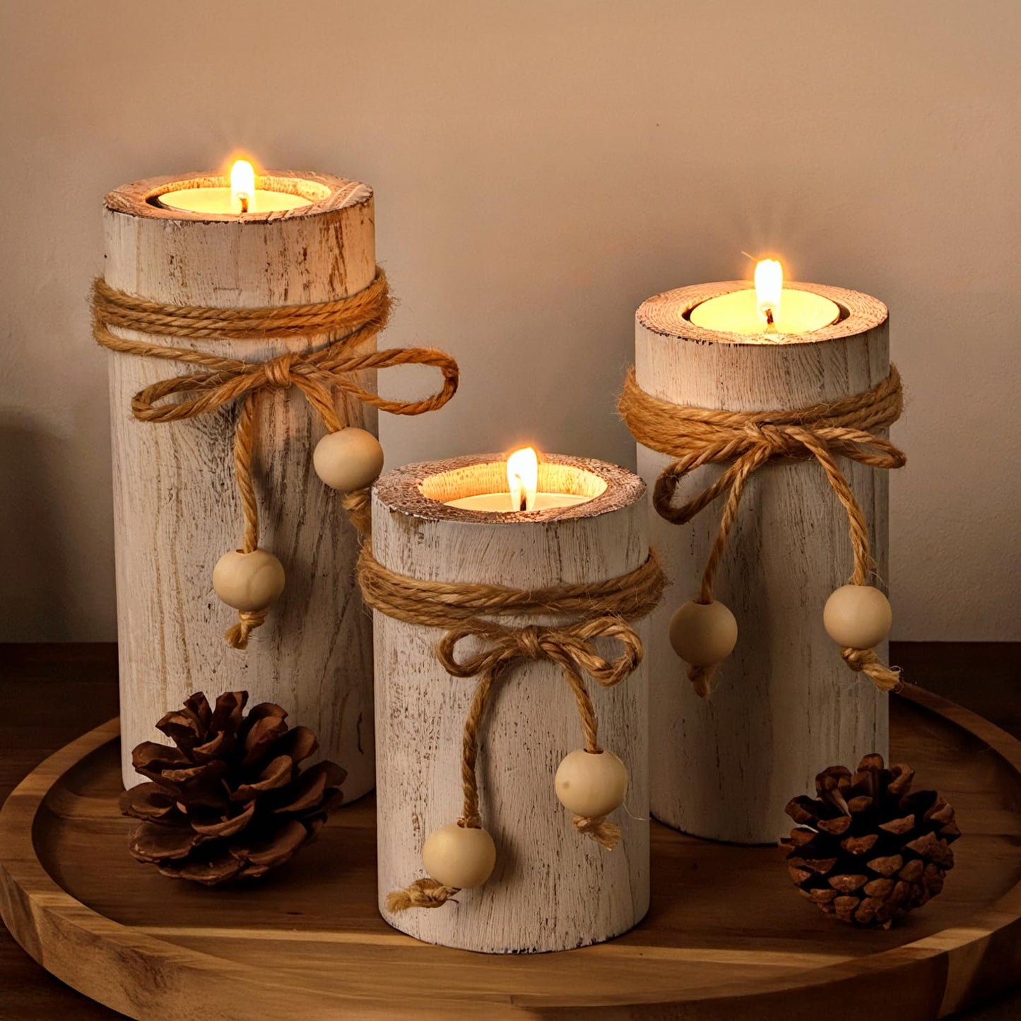 MelonBoat White Pillar Candle Holder:Farmhouse Candle Holders with Battery Operated Candles, Farmhouse Decor with Flameless LED Candles, Wood Centerpieces for Table 3-Pack for Holiday Party Home Decor