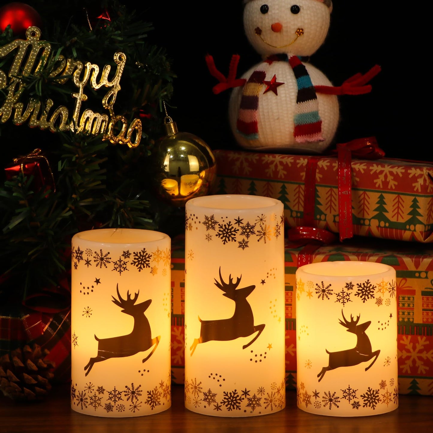Lasumora Golden Reindeer Christmas Candles with 6H Timer, Real Wax LED Candles Flameless Flickering, Battery Operated Candle Pillar for Home Décor Christmas Decorations Gifts, 3x4/5/6 inches