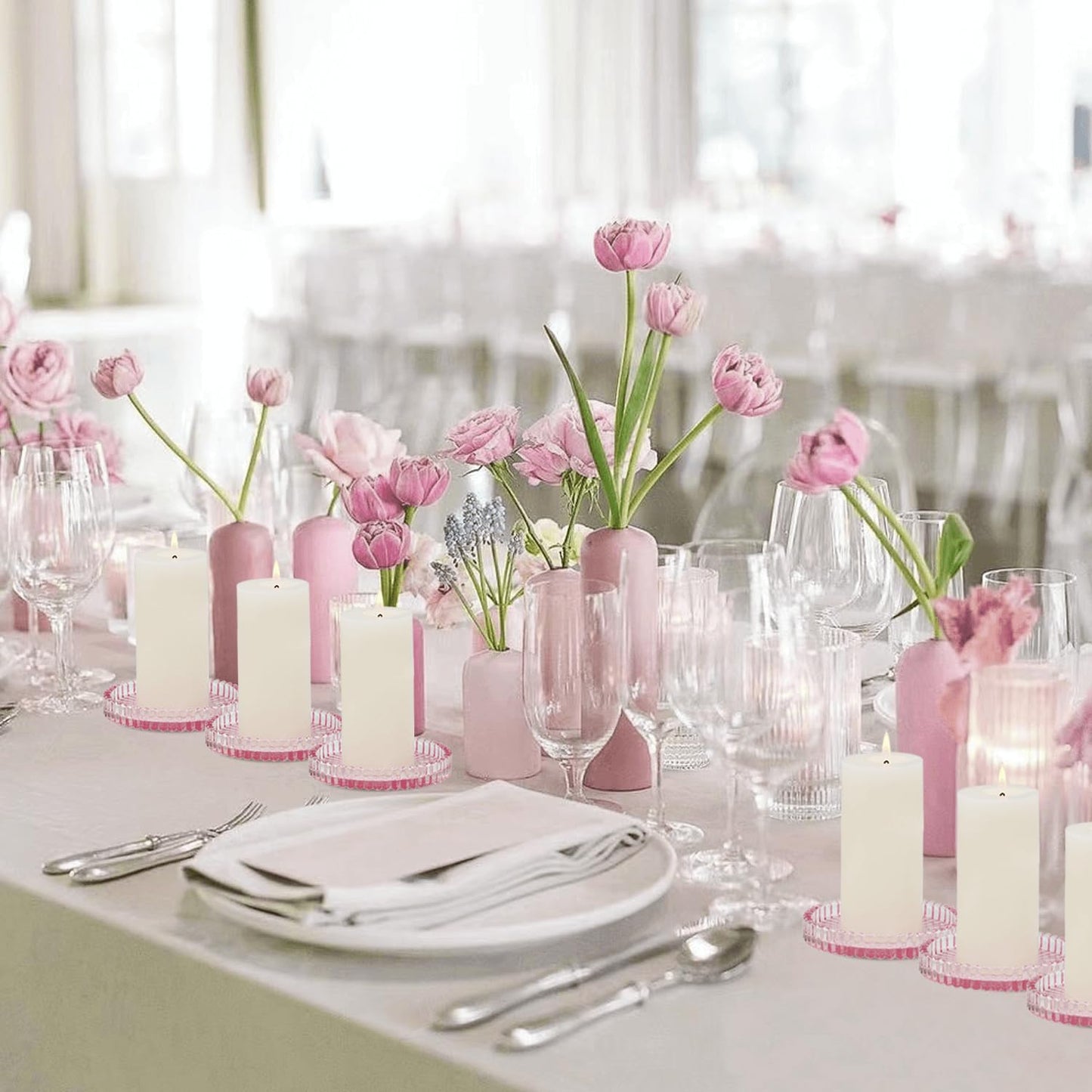 CHOCSTAY Glass Pillar Candle Holder, 4" Pink Candle Plates Set of 6, Glass Candle Holders for Wedding, Party, Holiday, Home Decor, Table Centerpiece