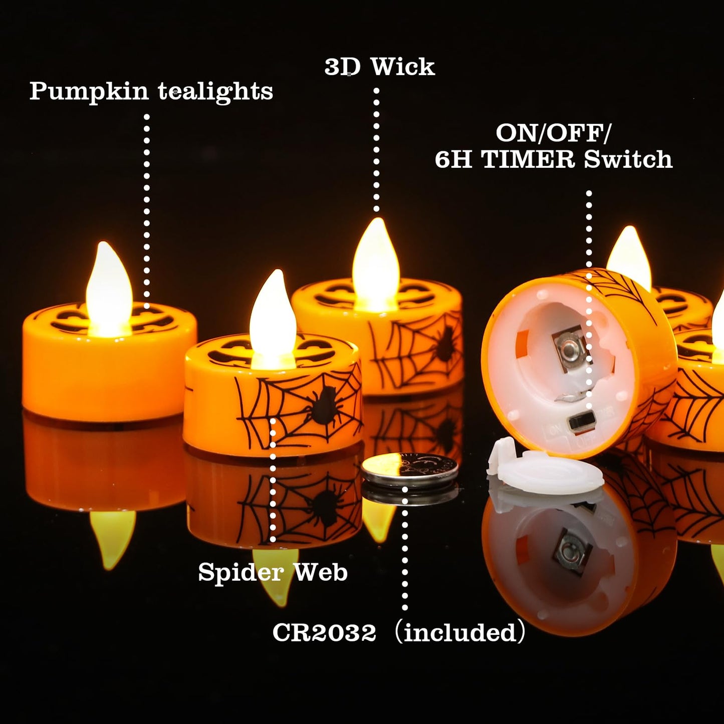 GenSwin Halloween Tealights Candles Battery Operated, 12 Pack Tea Lights Flameless Candles with Timer, Orange LED Votive Flickering Candles with Pumpkin Face and Spiderweb Prints for Halloween Decor