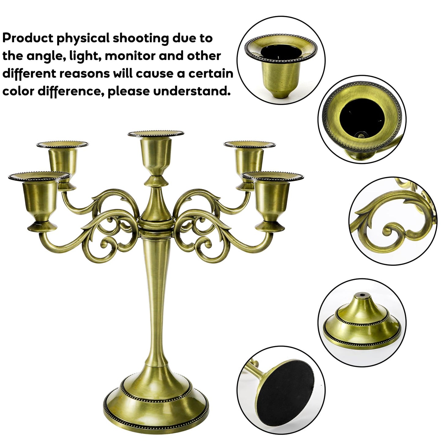 YOUEON 5 Arm Brass Candelabra, Candelabra Candle Holder, 10 Inch Tall Candlesticks Holder, Elegant Taper Candle Holder Centerpiece for Wedding, Church, Halloween, Dining, Home Decor