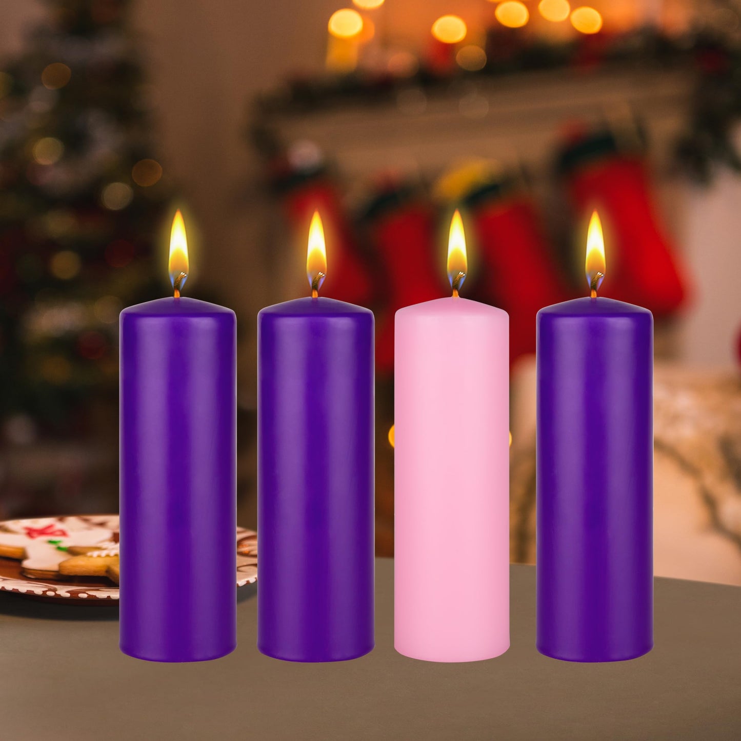 Mega Candles 4 pcs Unscented Christmas Advent Candles Set, Hand Poured Premium Wax Dome Top Round Pillar Candle 2 Inch x 6 Inch, Holidays, Festivities, Devotional, Church, Wreath, Party, Gifts