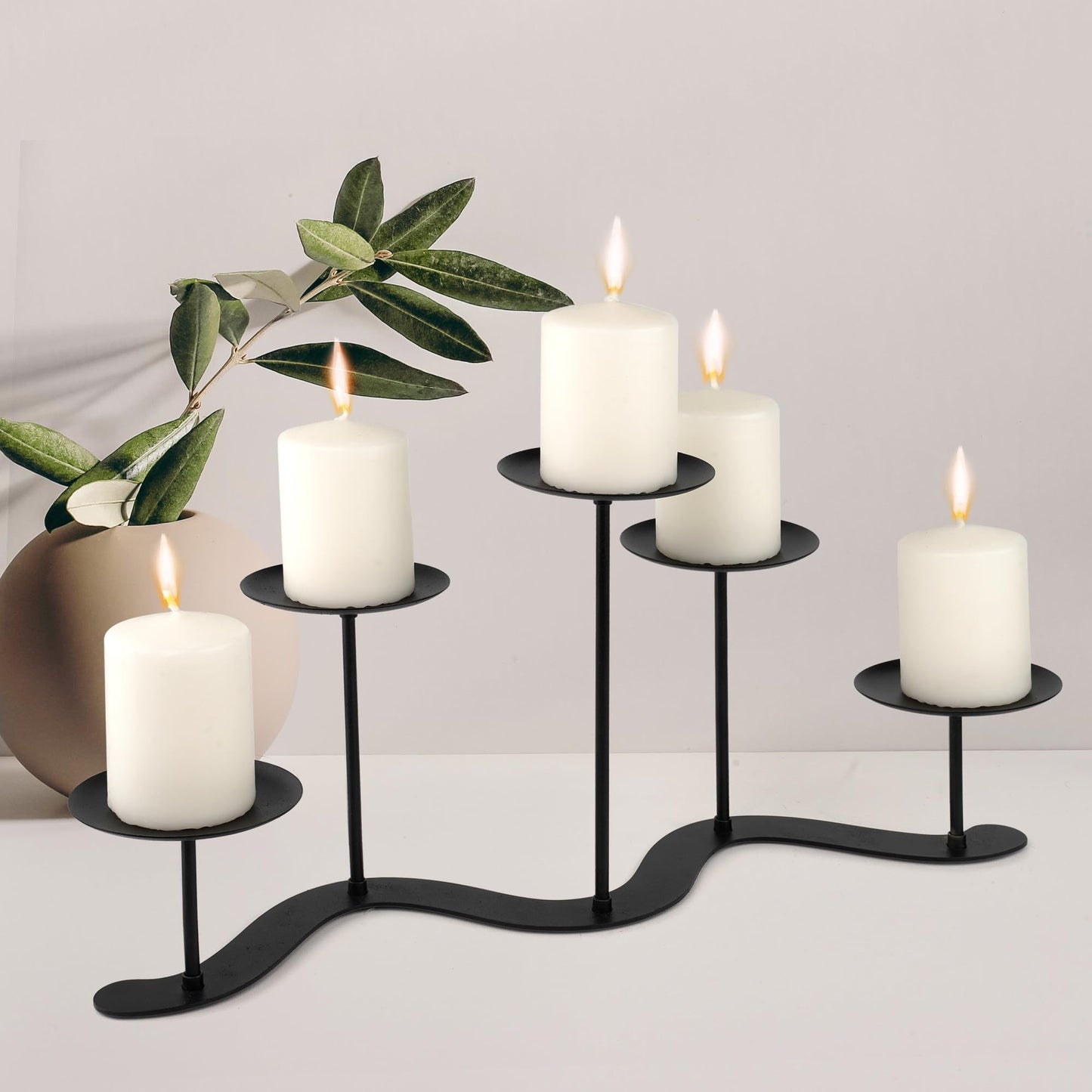 Black Iron Candelabra Candle Holder: Metal Centerpiece Decor - 5 Arm Candle Holder Stand for Pillar Candles