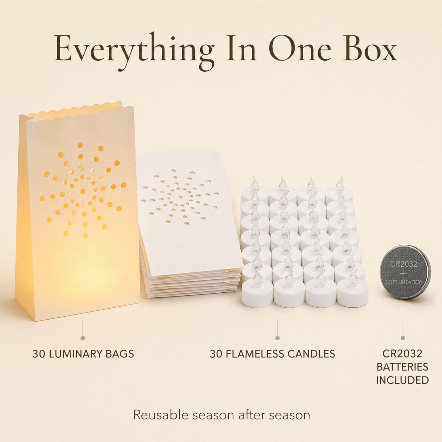 AceList 30 Sunburst Luminary Bags with Flameless Candles & Batteries - Reusable Outdoor Luminaries for Christmas Driveway, Walkway & Party - Moisture-Resistant Coated Paper Lanterns Set