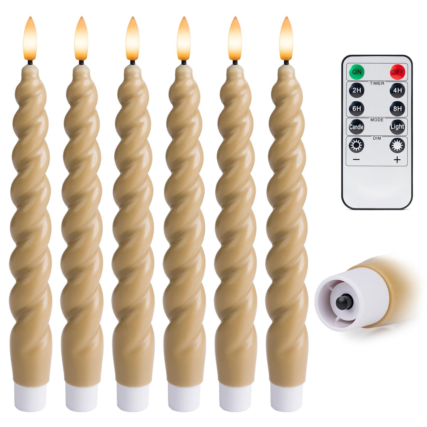West Ivory Full Twisted Spiral Flameless LED Taper Candles – Light Tan, Set of 6 – 2/4/6/8-Hr Timer (24-Hr Memory), Remote, Dimmable, Bottom On/Off Button, Flicker/Steady, Battery Operated