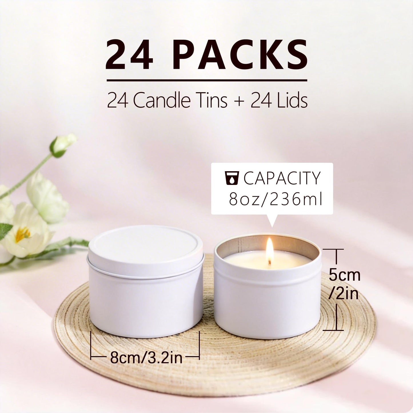 Aroparc Candle Tins 8oz, 24 Piece Bulk Containers for Candle Making Supplies Candle Jars with Concave Lids - White