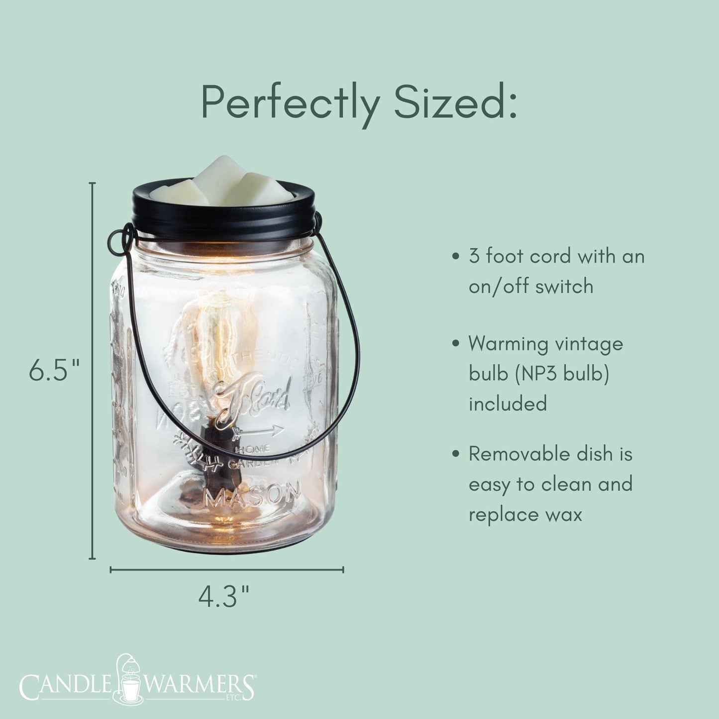 Candle Warmers Etc. Vintage Style Bulb Fragrance Warmer- Light-Up Warmer for Warming Scented Candle Wax Melts and Tarts or Essential Oils to Freshen Room, Clear Mason Jar
