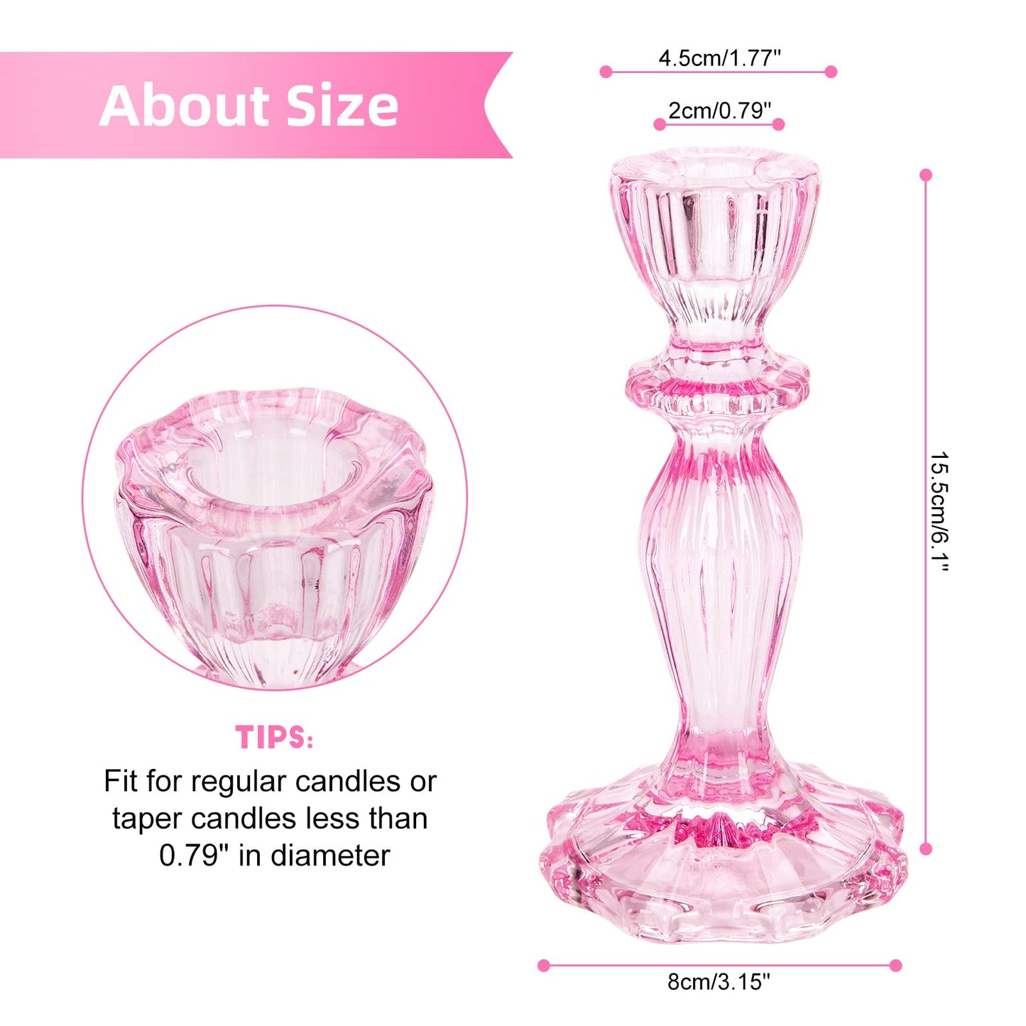 Glass Candle Holders, 2PCS Decorative Candle Stand Wide Base Candlestick Holder Table Centerpiece Decor for Wedding Festival Party Windowsill, Pink