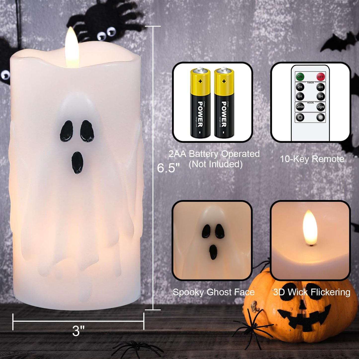 Eldnacele Spooky Ghost Halloween Flameless Candles Battery Operated with Remote & Timer Set of 2 LED Flickering Pillar Candles White Real Wax 3D Wick Long Lasting Home Indoor Decor (3" D x 6.5" H)