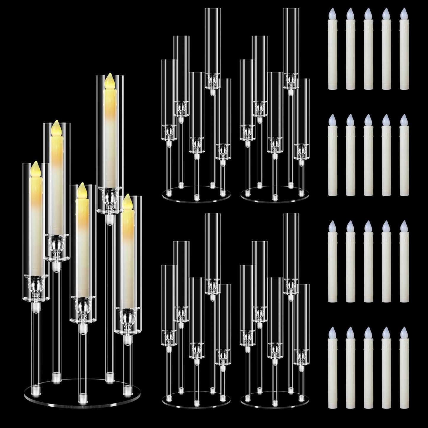 4 Set 5 Arm Acrylic Candle Holder with Candles, Mjkeomo 22.8'' Tall Table Candelabra Centerpiece, Lightweight Candelabra with Lampshades for Fireplace Mantel, Wedding, Housewarming Gift