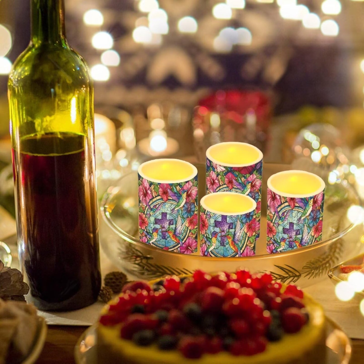 Cozeyat Cross Hummingbird Floral LED Candles Set of 4 Battery Powered Flameless with Remote Timer Flickering Waterproof for Indoor Outdoor Table Garden Birthday Decor