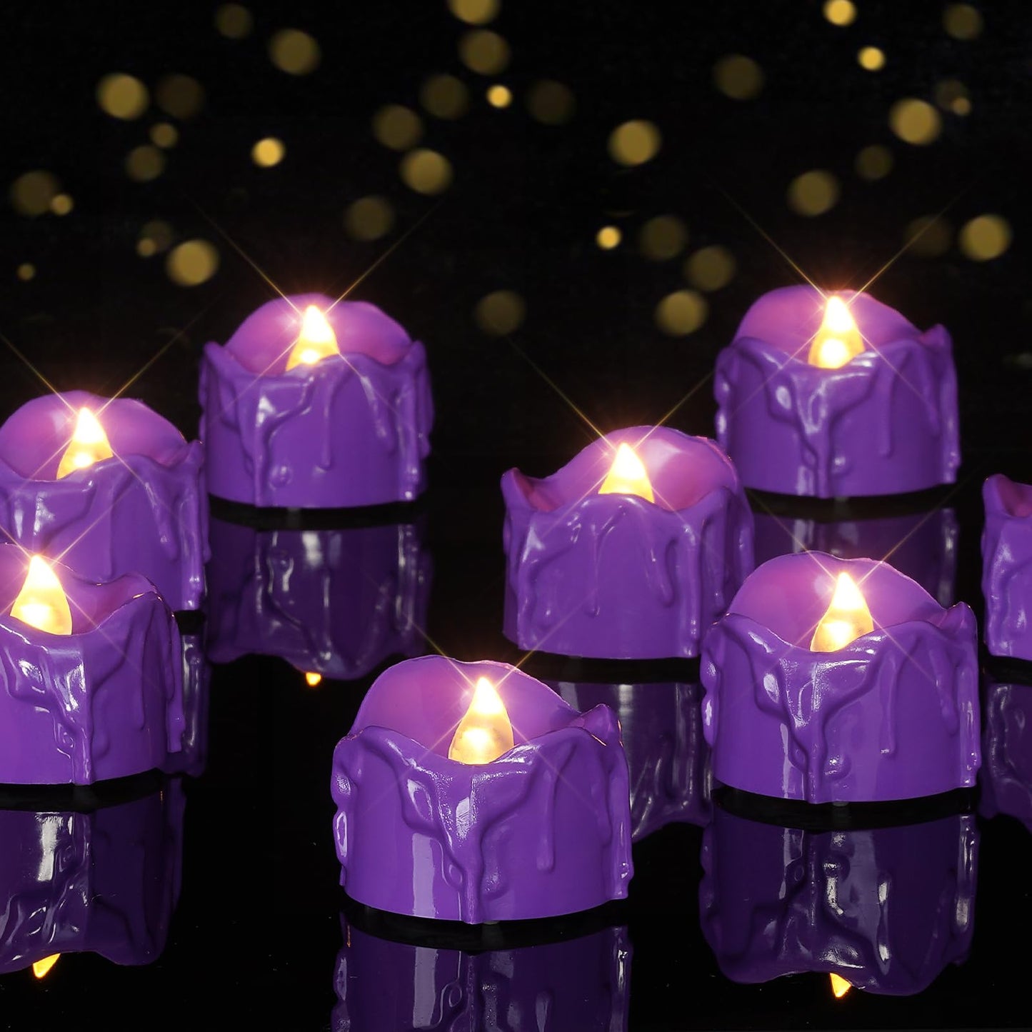 Homemory 24 Pack Purple Dripping Flameless LED Tea Lights, 1.58" x 1.2" Battery Operated Flickering Fake Candles, 200+ Hours Electric Votive Tealights for Wedding, Halloween, Christmas Centerpieces
