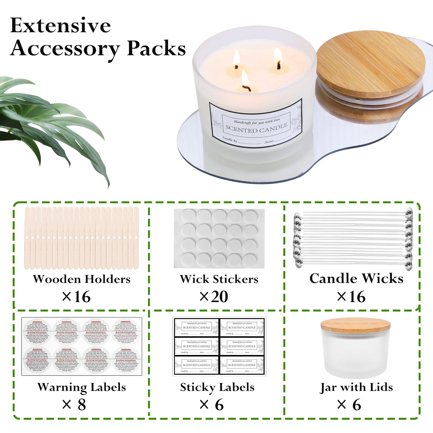 CONNOO 6-Pack 16 oz Candle Jars - 3-Wick Frosted Empty Glass Wide Mouth Candle Jars Come with Bamboo Lids, Sticky Warning Labels, and a Candle Wick Kit for Candle Making - Dishwasher Safe