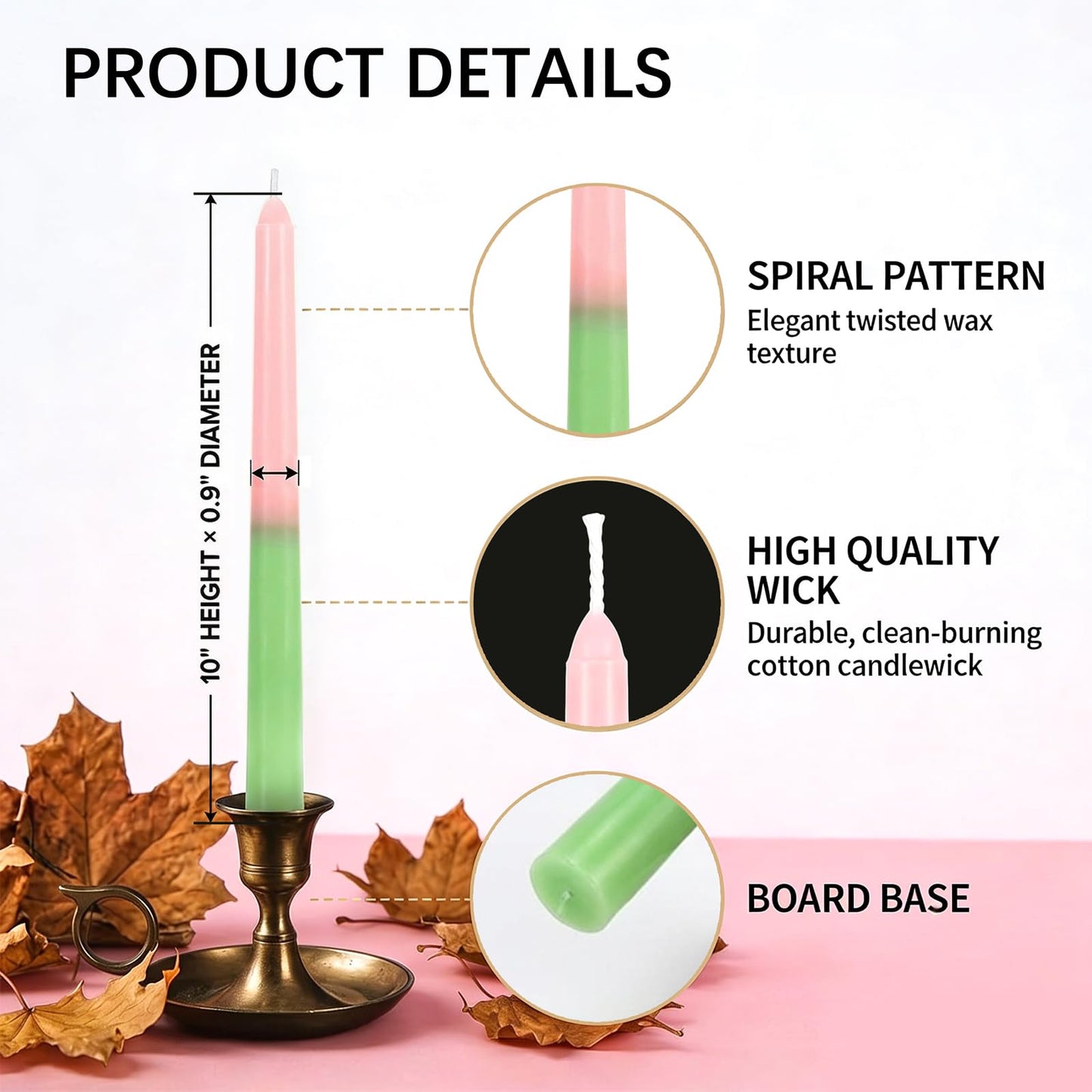 JarThenaAMCS 6Pcs Pink and Green Taper Candles 10 Inch Long Unscented Candle Sticks for Witch Princess Birthday Holiday Wedding Party Home Dining Table Decor