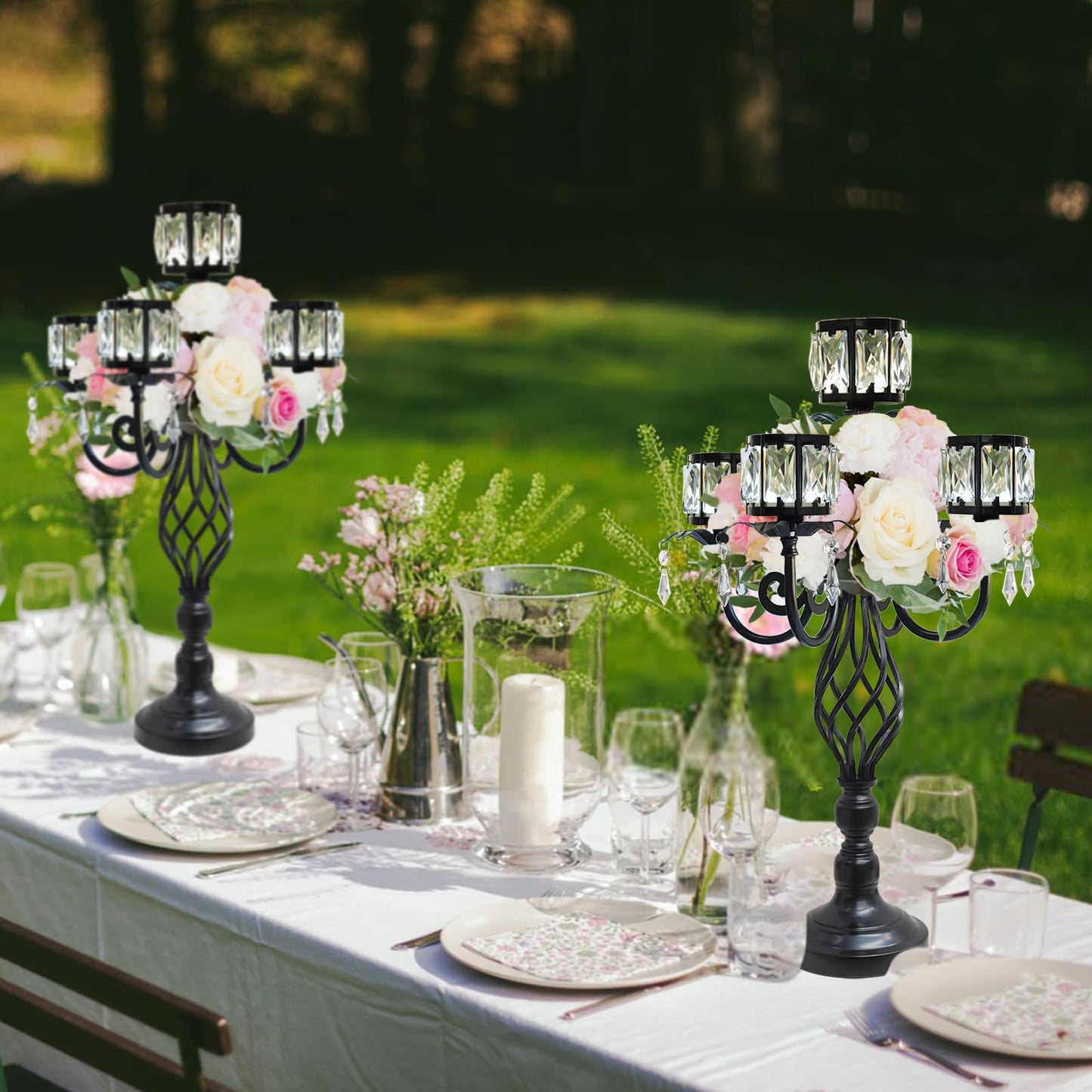 23.2 inch Tall Elegant and Chic 5 Arm Pendant Crystal Candlestick Holder Table Decoration tealight Candle Holder, Candelabra for Gorgeous Wedding/Parties Table Centerpiece (1, Black)