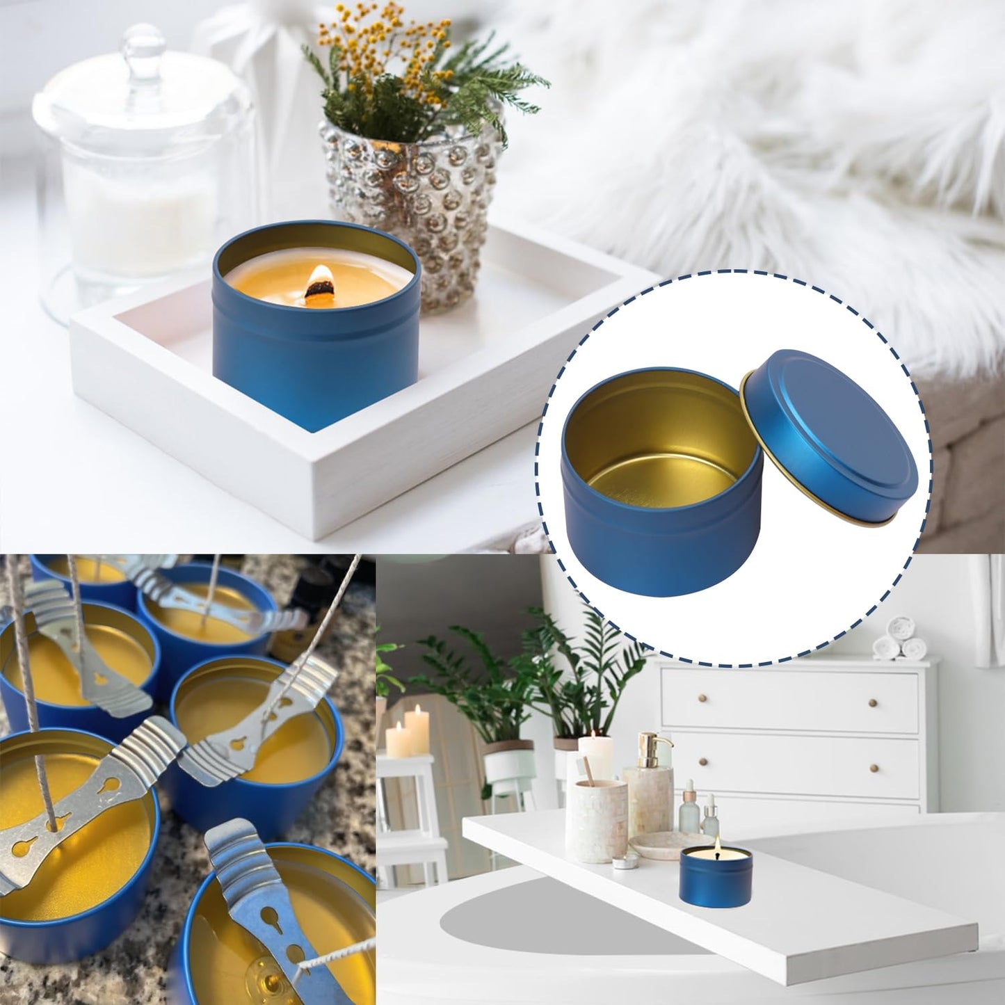 Biugaaufai 48 Pack Blue Metal Candle Tins with Lids, 4 oz Round Bulk Tin Can for DIY Candle Making and Storage