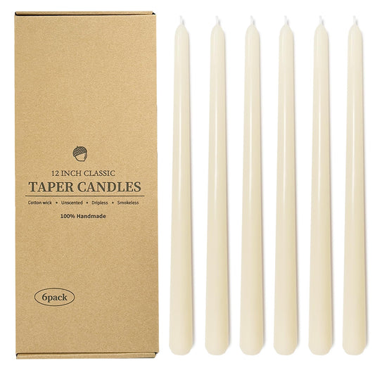 12 Inch Taper Candles 6 Pcs Unscented, Smokeless, Dripless Long Tapered Candlesticks Candles for Christmas Birthday Dinner Wedding Party Home Decor