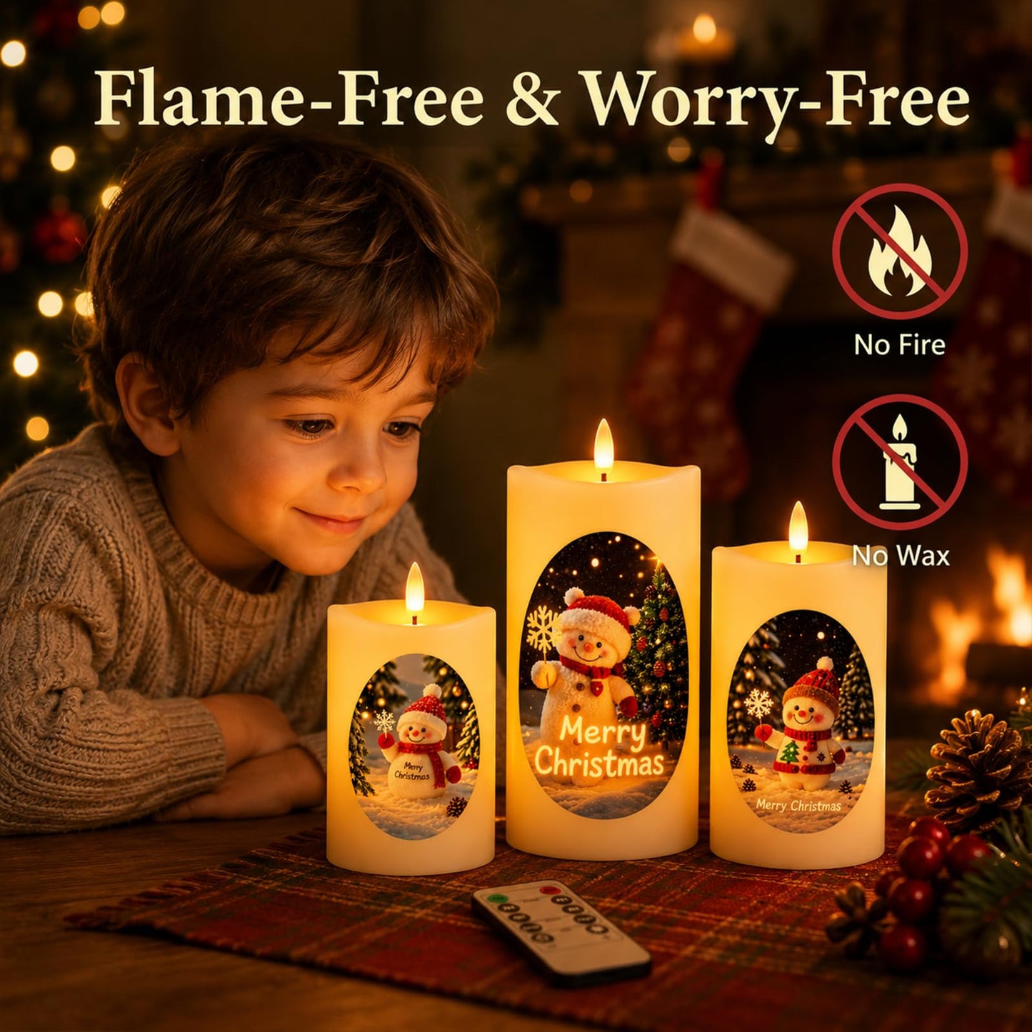 Tzgckui Flameless Candles, Battery Operated Led Flickering Flameless Candles 3 Pack for Christmas, White Cylindrical with Winter Scene, Remote Control & Timer, 4/5/6 Inch for Holiday Home Decor