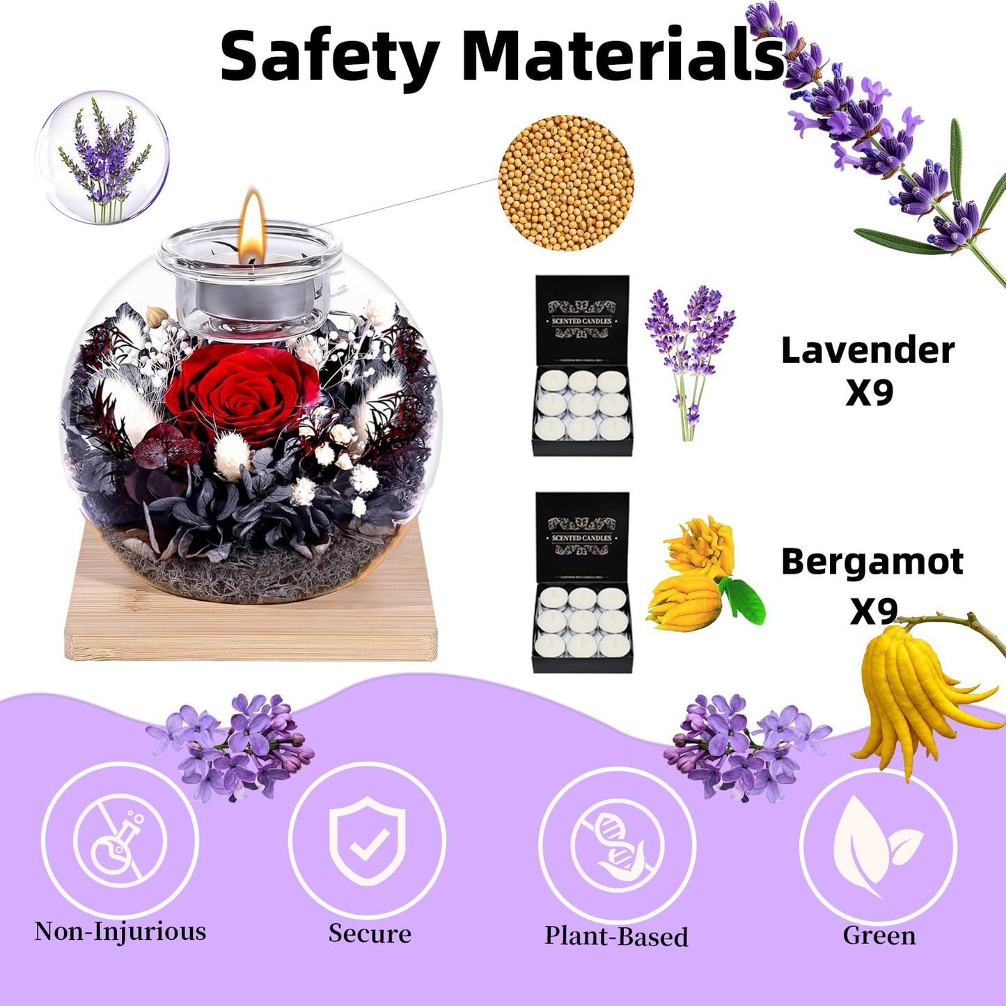 Forever Flowers Scented Candle in Glass Dome, Long-Lasting Aroma Home Decor, Unique Gift for Women Mom Girlfriend Wife, Ideal for Birthday Mother's Day Valentine's Day Christmas（Black Red）