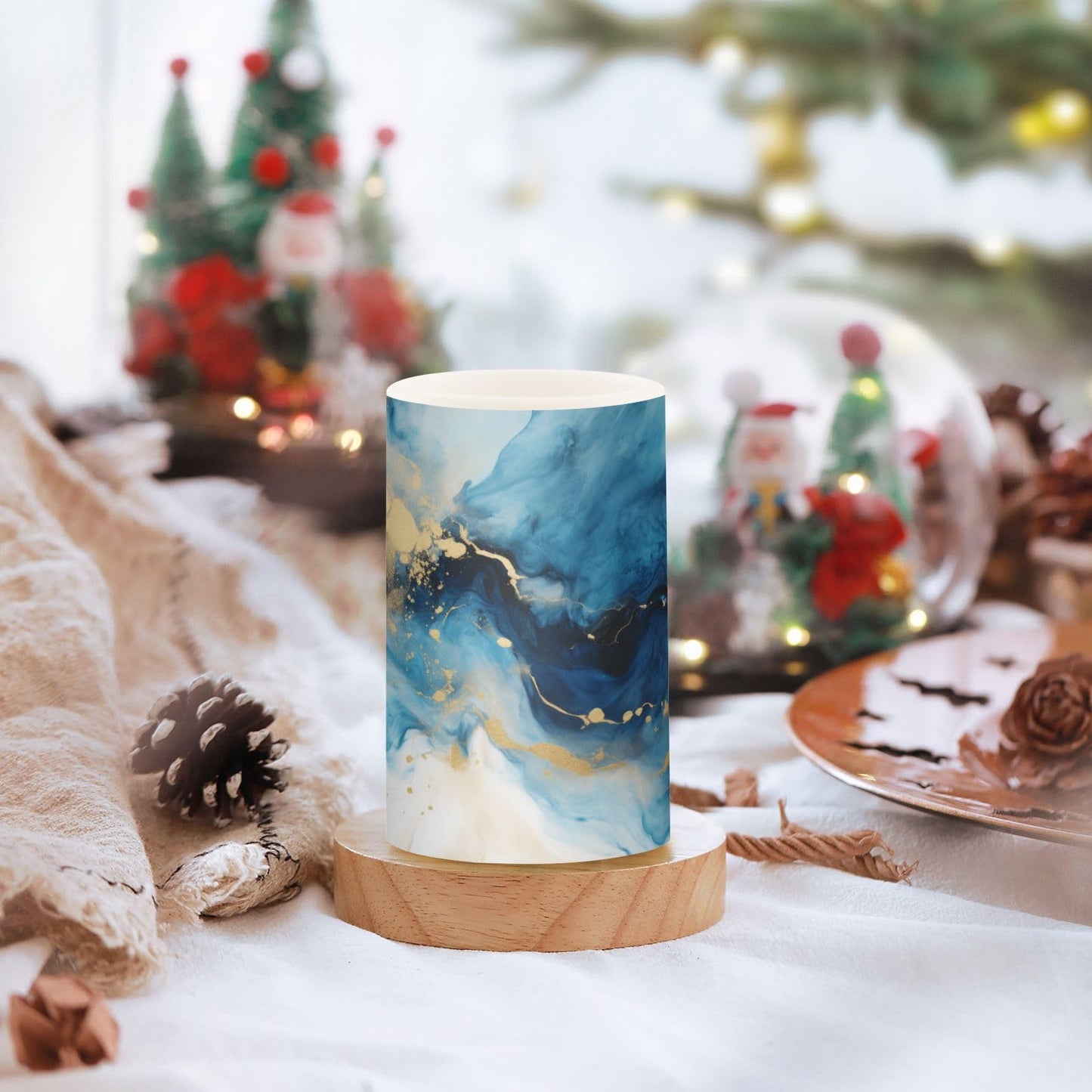 BOENLE Flickering Flameless Candles, Marble Navy Blue LED Candles with Remote Timer, Set of 2 Battery Operated Candle for Valentine Wedding Birthday