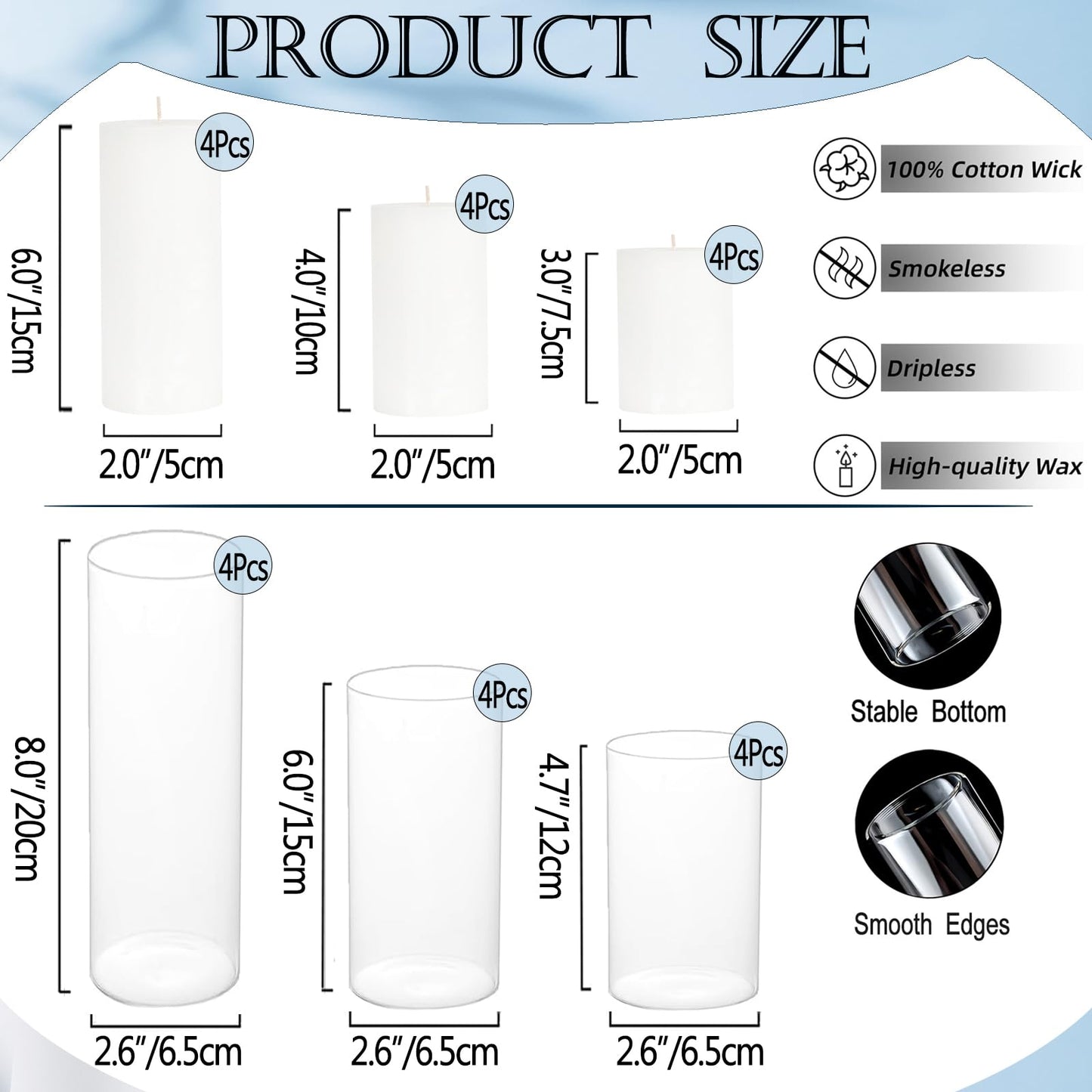 PNJHDZ 24 Pcs White Pillar Candles and Glass Candle Holders Cylinder Candle Vases for Pillar Candles Hurricane Candle Holders Set for Wedding Party, Event, Home Office Decor
