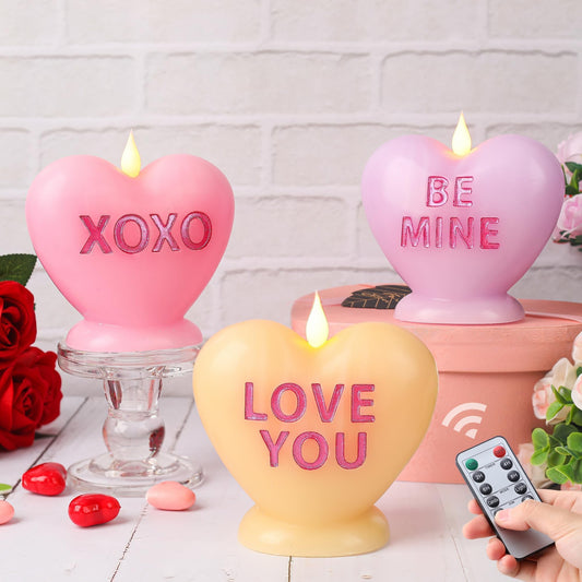 LCZLUMIPRO 3 Pack Valentine's Day Candles Heart Candle Flameless Candles Flickering Battery Operated LED Heart Shaped Candles with Realistic Warm Flame Effect Romantic Decor for Wedding Anniversary