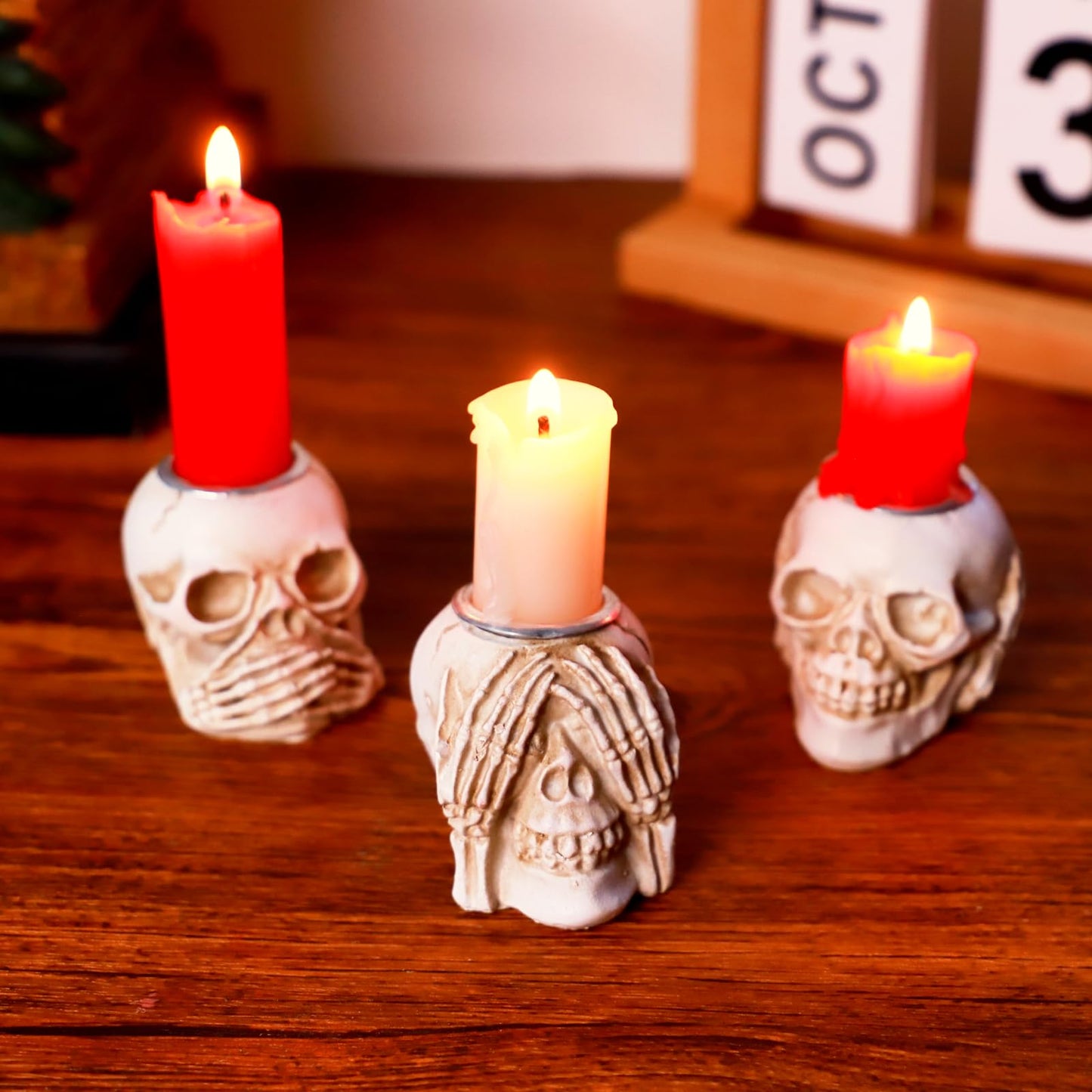 Gothic Skull Taper Candle Holders, 3pcs - See No Evil, Hear No Evil, Speak No Evil, Halloween Candle Holders, Horror-Themed Spooky Home & Halloween Decorations
