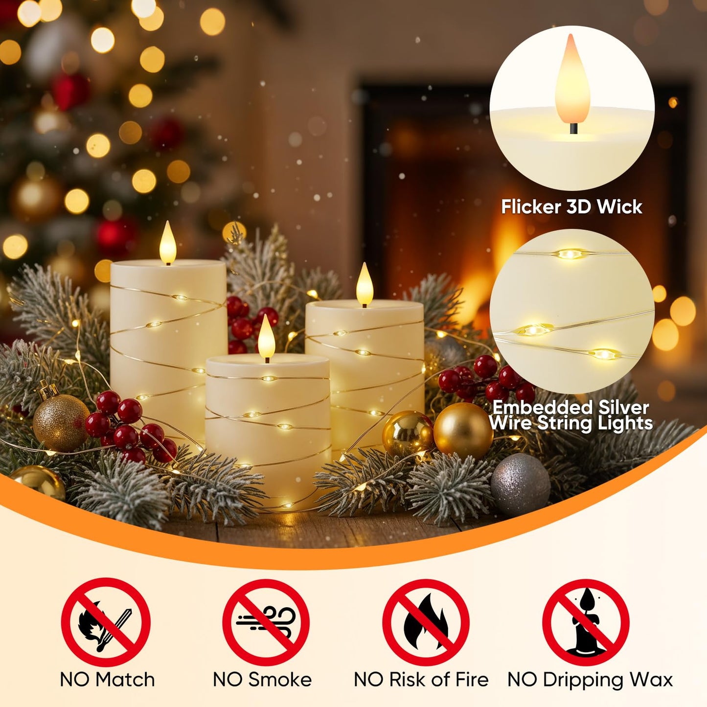 Raycare Flameless Candles with Remote Timer, Flickering Battery Operated LED Pillar Fake Candle with String Lights for Home Decor, Christmas, Wedding and Gift, Ivory, Set of 3