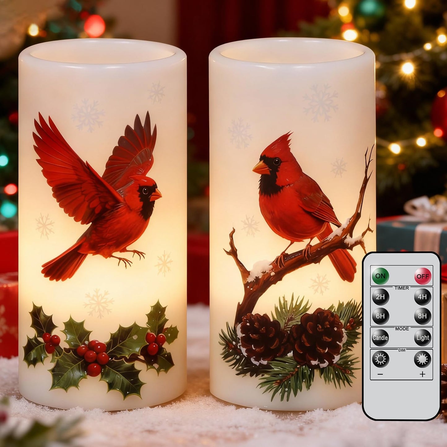 Lasumora Christmas Cardinal Flameless Pillar Candles with Remote Timer, LED Candles in Real Wax Holder, Battery Operated Candle for Christmas Décor Indoor Xmas Gifts(2 Pack, 3” x 6”)